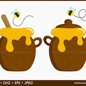 Può includere: Due vasetti di miele in ceramica marrone con miele giallo che cola lungo i lati. Un'ape di cartone animato vola sopra ogni vasetto.
