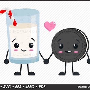 May include: A cartoon illustration of a glass of milk and a chocolate cookie holding hands. The milk has a red and white striped straw sticking out of it. The cookie and milk have happy faces and blushing cheeks. A pink heart is floating between them.