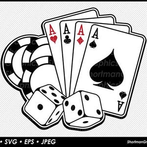 May include: Black and white graphic of poker elements. Four playing cards show the Ace of hearts, clubs, diamonds, and spades. Two dice and a casino chip are also included. The image is a vector graphic.