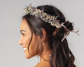 Lavender Babies Breath Flower Crown / Dainty Wedding Floral Headpiece / Bridal Hair Accessory / Dried Purple Lavenders Crown