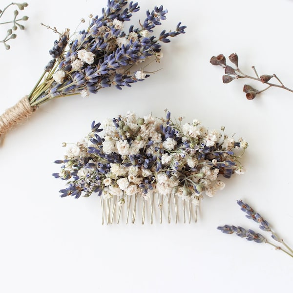 Dried Lavender Babies Breath Hair Comb / Dainty Wedding Floral Comb / Bridal Hair Accessory / Dried Flowers Hair pin clip / Gift for her