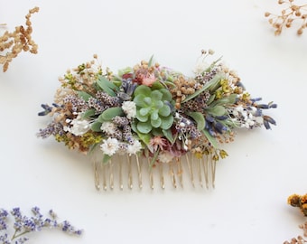 Succulent Comb / Dry Hair Comb / Blush Lavender Babies breath flowers hair pin /Bridal Hair Accessory /Dried Flowers Comb /Natural headpiece