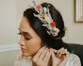 Bridal Dried Flowers Half Crown / Brides Hair Accessories / Hot Pink Blush English Lavender Headpiece with matching Hair comb