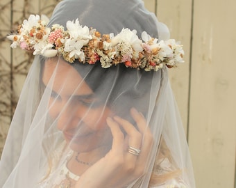 White Hydrangeas Bohemian Floral Crown, Rustic Floral Headpiece Wedding, Natural Meadow flower crown, Dried and Preserved Flowers Crown