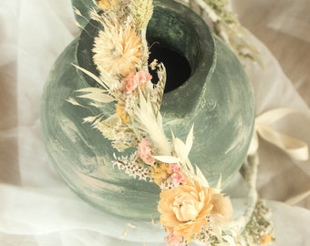 Dried Flowers Crown / Brides Hair Accessories / Peach Pink Blush Strawflowers Headpiece / Dry Flowers Bridesmaids Crown