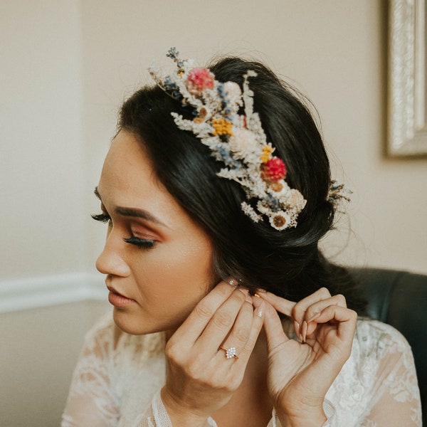 Bridal Dried Flowers Half Crown / Brides Hair Accessories / Hot Pink Blush English Lavender Headpiece with matching Hair comb