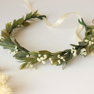Greenery & Dried Gypsophila Flower Crown: Rustic Wedding Hair Accessory