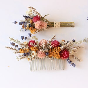 Colorful Pink Blush Purple English Lavender Headpiece / Tropical Flower Crown / Dried Floral Wedding Set Hair Comb with matching boutonniere image 2