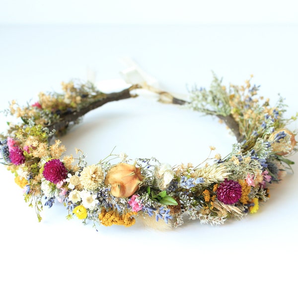 Couronne de fleurs sèches, couronne de fleurs séchées lavande colorée, casque floral rustique, couronne de fleurs fillette fleurs naturelles, mariage d'automne