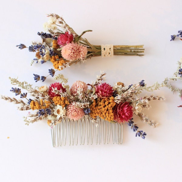 Burgunderfarbenes Blumen-Hochzeitsset / buntes rosa errötendes lila englisches Lavendel-Kopfstück / tropische Blumenkrone / Gänseblümchen-Hochzeit