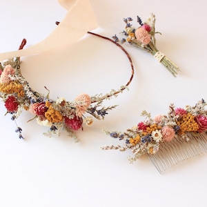 Colorful Pink Blush Purple English Lavender Headpiece / Tropical Flower Crown / Dried Floral Wedding Set Hair Comb with matching boutonniere image 1