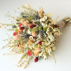 Blue Thistle Burgundy Dried Flowers /Preserved Daisy Flowers Greenery Bouquet /Mix of Blush Peach flowers / Fall Winter Bridal bouquet image 2