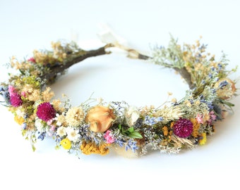 Dry Flower Crown, Colorful Lavender Dried Flowers Crown, Rustic Floral Headpiece, Natural Flowers Girl Floral Crown, Fall Wedding