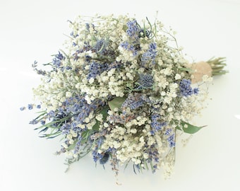Lavender Blue Thistle Bouquet Wedding / Babies breath bouquet with eucalyptus leaves / Dry lavender Bridesmaid bouquet / Rustic bouquet