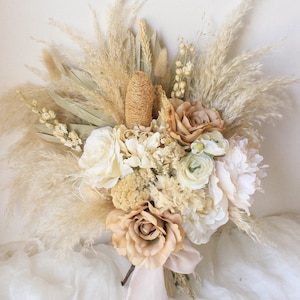 Dusty Rose Pampas Grass bouquet / Large Palm Spear bouquet / Natural Toffee wedding/ Muted earthy tones / Forever Bridal bouquet image 2