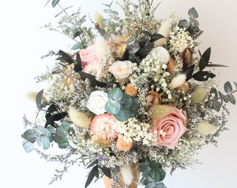 Blush Eucalyptus Ivory Rose bouquet / Greenery Bouquet with peach pink flowers / Light purple Babies breath flowers