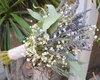 Dried Lavender Bouquet Wedding / Babies breath bouquet with eucalyptus leaves / Bridesmaid bouquet greenery