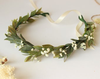 Greenery Leaves with Dry Babies breath Flowers crown / Wedding Bridal Hair accessory with green leaves and gypsophila flowers