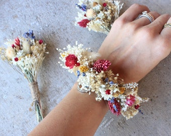 Rustic Flowers Wrist Corsage, boutonniere and hair comb Dry Flowers Wedding Set / Bridesmaid Gift / Burgundy English Lavender Combination /