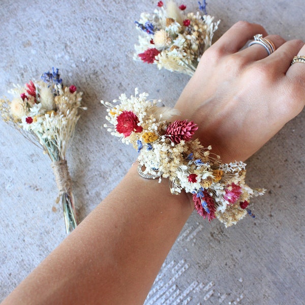 Rustic Flowers Wrist Corsage, boutonniere and hair comb Dry Flowers Wedding Set / Bridesmaid Gift / Burgundy English Lavender Combination /