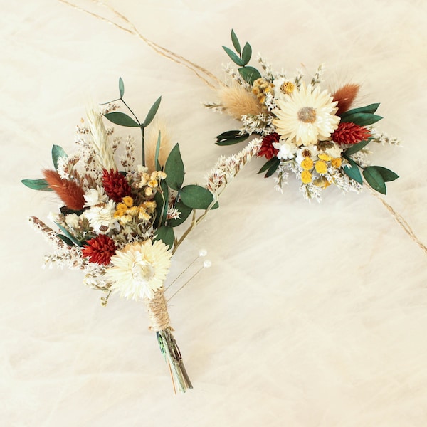 Neutral Rust Greenery Trockenblumen Handgelenk Corsage und passender Herren Boutonniere / Pin auf Corsage