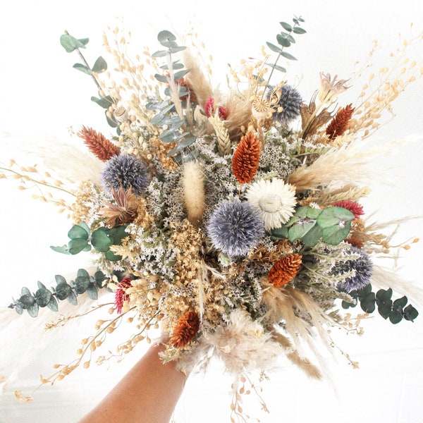 Dusty Blue Thistle Pampas Bouquet / Neutral Rust Burnt Orange Terracotta Bouquet / Eucalyptus Greenery wildflowers bouquet