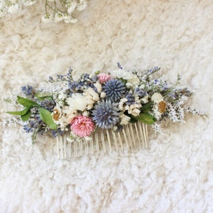 Dusty Blue thistle Blush Dried flowers Hair Comb / Dainty Wedding Floral Comb / Bridal Hair Accessory / Bridesmaid Gift