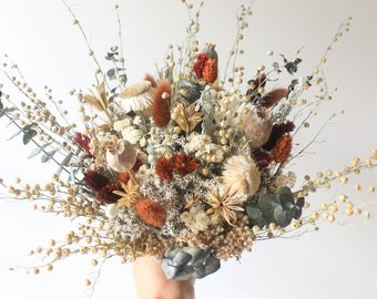Rust Eukalyptus Boho Brautstrauß - Getrocknete Wildblumen, neutrale Ton Hochzeitsblumen