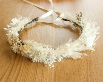 Neutral Pampas Flower Crown / Muted tone White strawflowers Crown / Blush Tieback Toddler and Adult crown