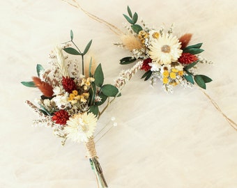 Neutral Rust Greenery Dried Flowers Wrist corsage and matching Men's boutonniere/ pin on corsage