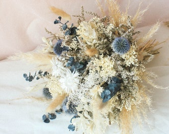 Dusty Blue Eucalyptus White Flowers arrangement / Dried Blue thistle Bridal Bouquet / Pampas Grass bouquet