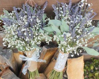 Bridal Bouquet Lavender / Bridal Bouquet Purple Blue / Babies breath bouquet with eucalyptus leaves greenery