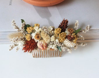 Neutral Rust Orange Greenery Comb / Dried Flowers Hair comb with farm field flowers and grasses