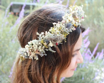 Dry Flower Crown, Thistle Babies breath Bohemian Wild flowers Crown, Dried Flowers Halo Circlet