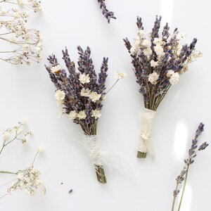 May include: Two small bouquets of dried lavender and white flowers tied with twine and ribbon. The bouquets are on a white background.