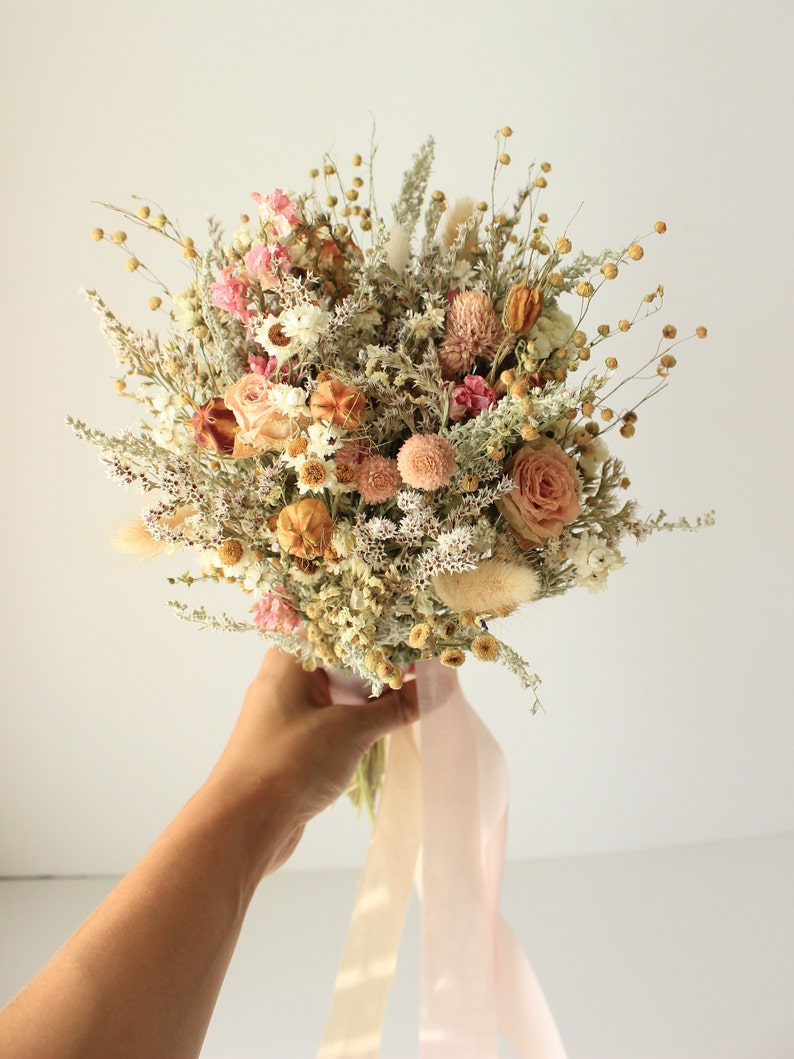 Pink Dream Peach Dried Flowers Bouquet / Preserved Daisy Rose Flowers Bouquet / Wedding Bridal bouquet / Preserved silver grey herbs Natural image 7