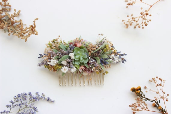 Succulent Comb  Dry Hair Comb  Blush Lavender Babies breath flowers hair pin Bridal Hair Accessory Dried Flowers Comb Natural headpiece