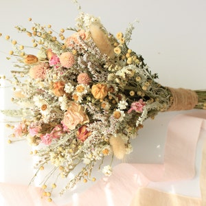 Pink Dream Peach Dried Flowers Bouquet / Preserved Daisy Rose Flowers Bouquet / Wedding Bridal bouquet / Preserved silver grey herbs Natural image 6