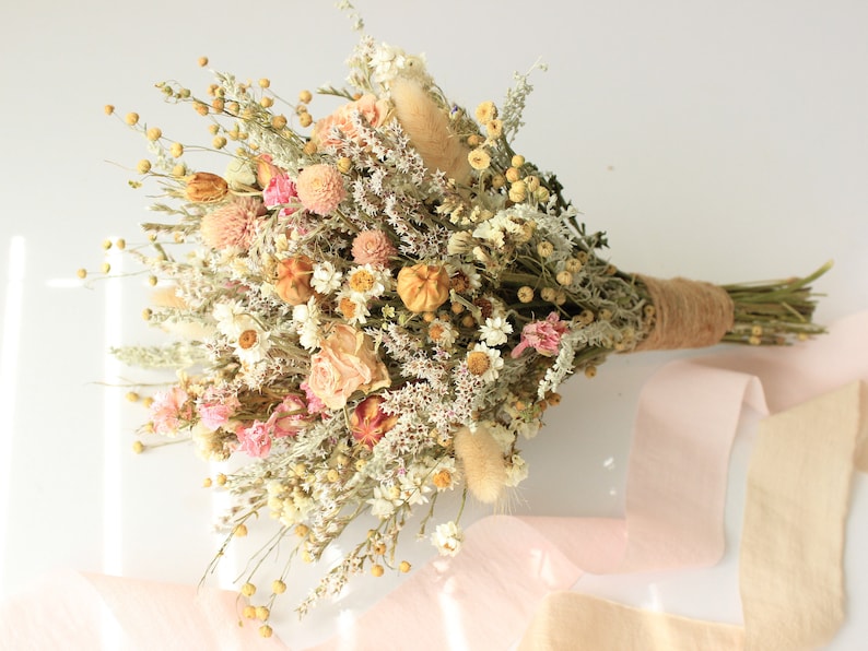 Pink Dream Peach Dried Flowers Bouquet / Preserved Daisy Rose Flowers Bouquet / Wedding Bridal bouquet / Preserved silver grey herbs Natural image 6