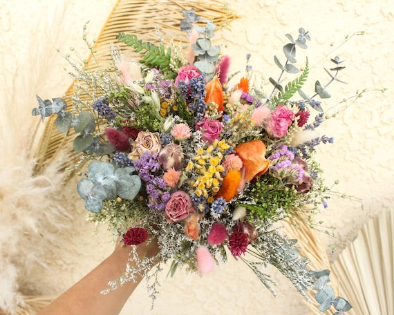 Dried Rose mixed Wildflowers Bouquet / Dried flowers Wedding bouquet / Neutral colorful bouquet with eucalyptus greenery