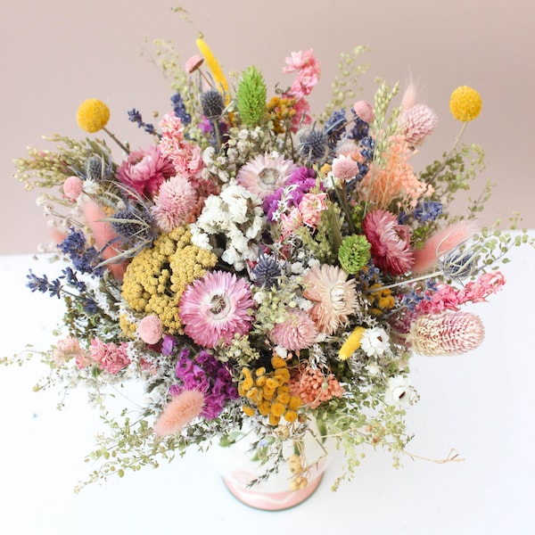 Yellow, Lavender & Blue Thistle Bouquet / Spring Summer Wildflowers Arrangement / Colorful Peach Blush Bouquet