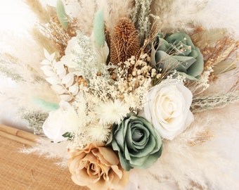 Dusty Rose Sage green grey Pampas Grass bouquet / Large Palm Spear bouquet / Natural muted earthy Forever Bridal bouquet