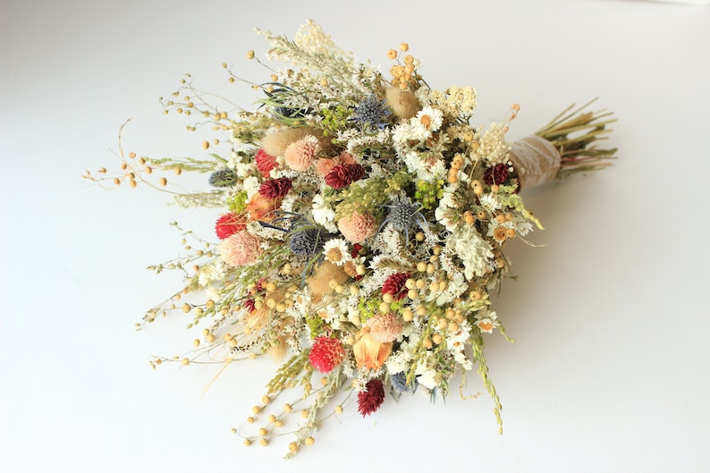 Blue Thistle Burgundy Dried Flowers /Preserved Daisy Flowers Greenery Bouquet /Mix of Blush Peach flowers / Fall Winter Bridal bouquet image 1