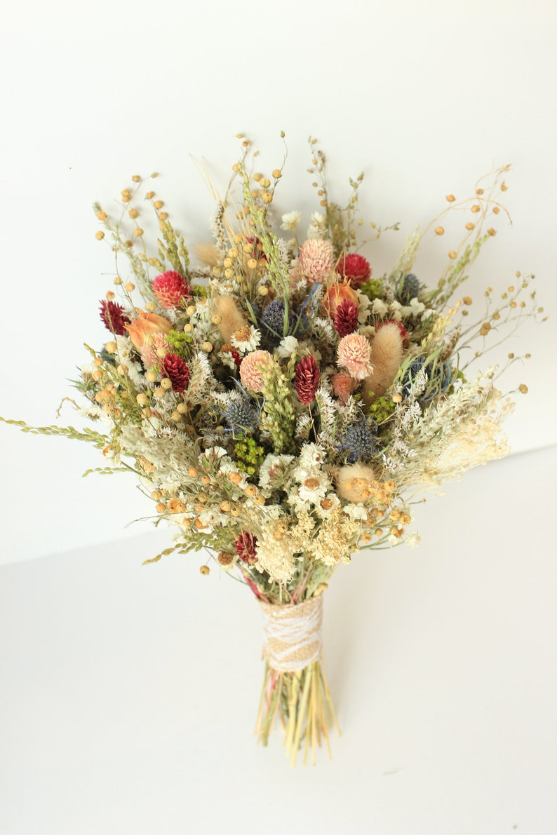 Blue Thistle Burgundy Dried Flowers /Preserved Daisy Flowers Greenery Bouquet /Mix of Blush Peach flowers / Fall Winter Bridal bouquet image 6