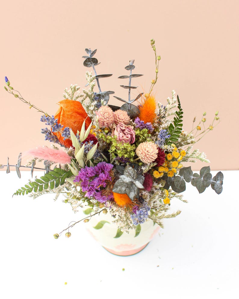 Dried Rose mixed Wildflowers Bouquet / Dried flowers Wedding bouquet / Neutral colorful bouquet with eucalyptus greenery image 9