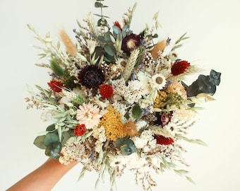 Dark Burgundy Greenery Bouquet / Winter Wedding Eucalyptus bouquet / Wildflowers Strawflowers Yellow Yarrow Dried bouquet