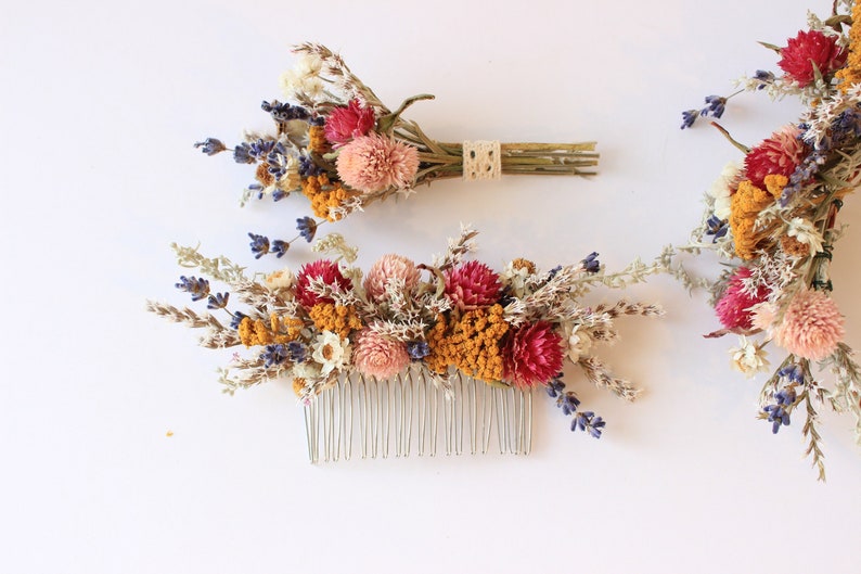 Colorful Pink Blush Purple English Lavender Headpiece / Tropical Flower Crown / Dried Floral Wedding Set Hair Comb with matching boutonniere image 2