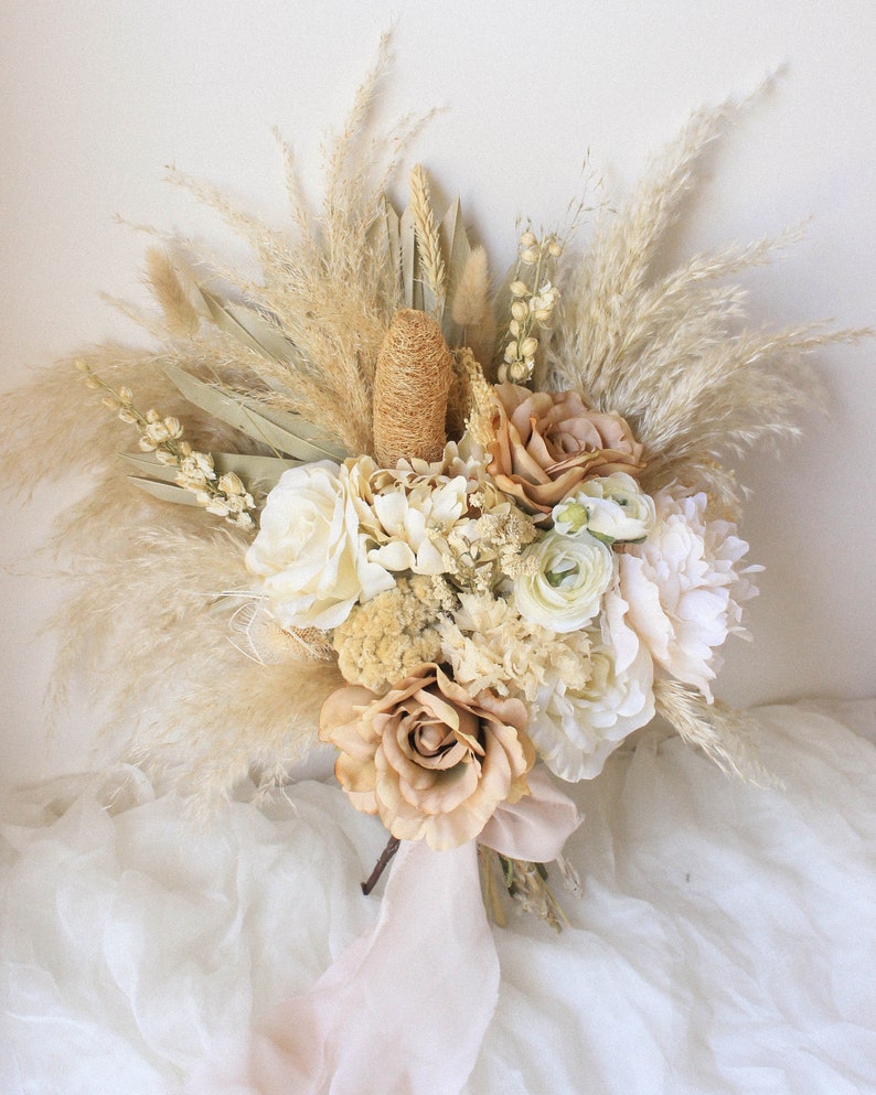 Dusty Rose Pampas Grass bouquet / Large Palm Spear bouquet / Natural Toffee wedding/ Muted earthy tones / Forever Bridal bouquet image 2