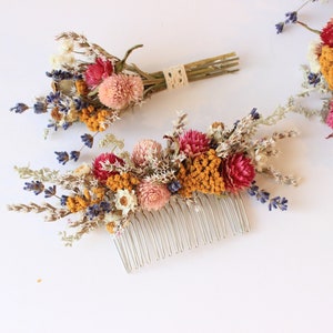 Colorful Pink Blush Purple English Lavender Headpiece / Tropical Flower Crown / Dried Floral Wedding Set Hair Comb with matching boutonniere image 7