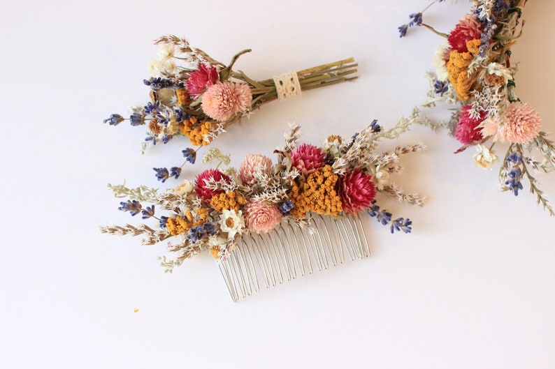 Colorful Pink Blush Purple English Lavender Headpiece / Tropical Flower Crown / Dried Floral Wedding Set Hair Comb with matching boutonniere image 7